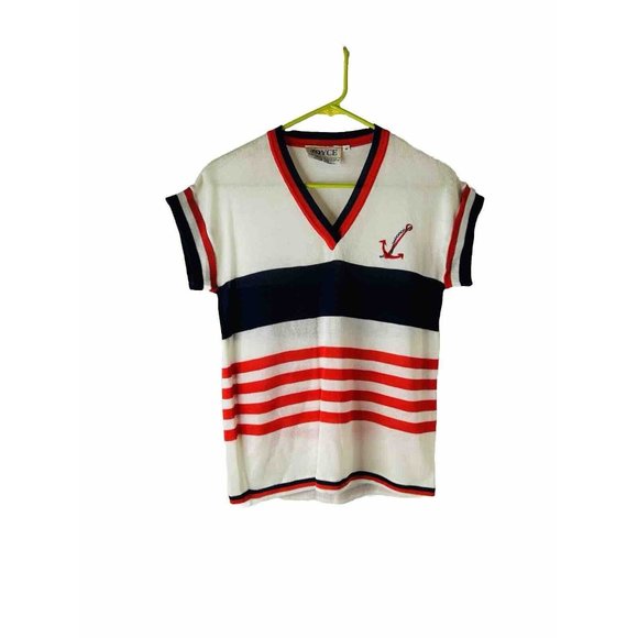 VTG 70s Sailor Stripe Anchor Stitched Blouse Shirt Preppy Hippy - Picture 1 of 6